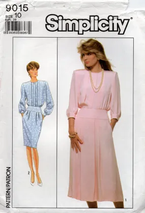 Simplicity 9015 Womens Dress with Hip Band & Pleated Skirt 1980s Vintage Sewing Pattern Size 10 or 14