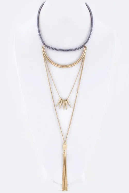 Spikes & Tassel Layer Collar Necklace