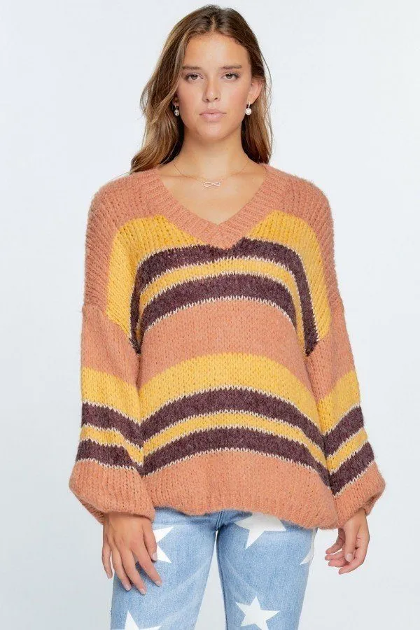 Stripe Cozy Thick Knit V-neck Pullover Sweater