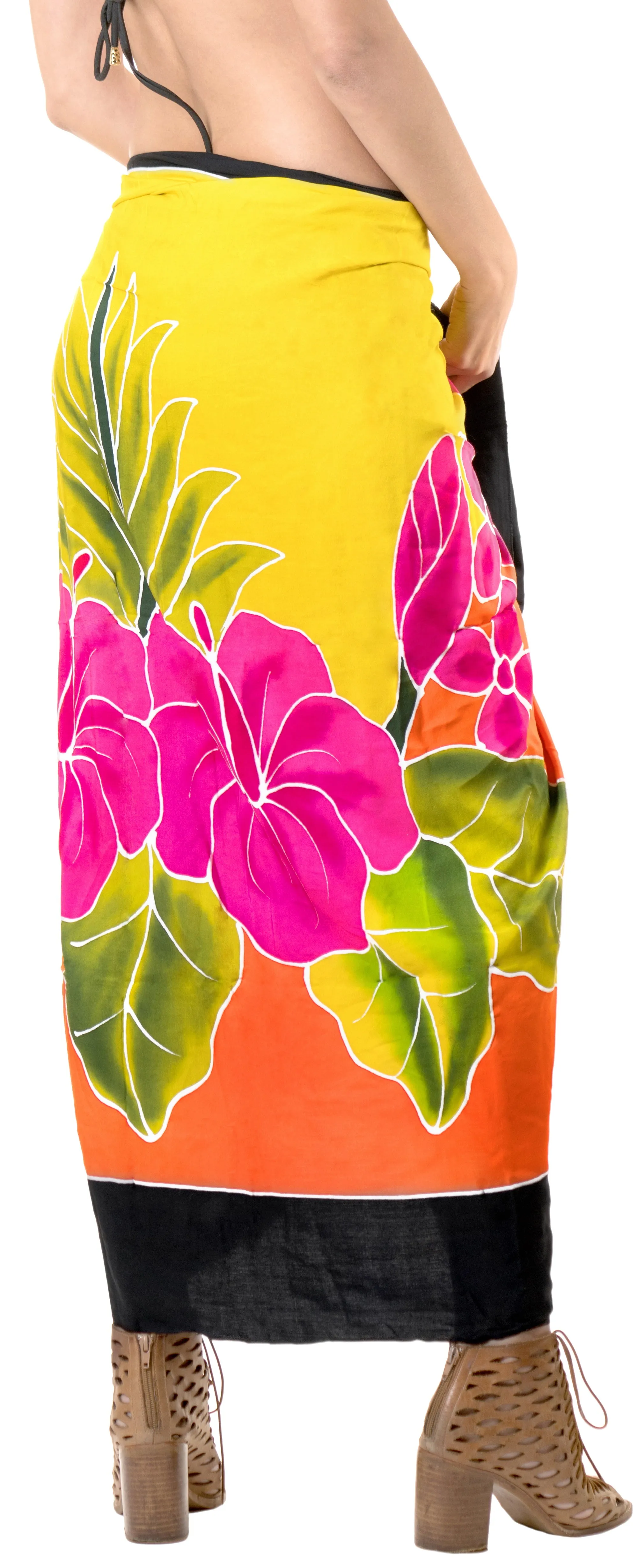 Tangerine Non-Sheer Hand Painted Pink Hibiscus and Leaves Beach Wrap For Women