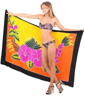 Tangerine Non-Sheer Hand Painted Pink Hibiscus and Leaves Beach Wrap For Women