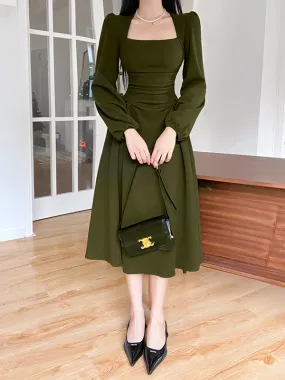 TastyHottie - Green Puff Sleeve Midi Hem Dress