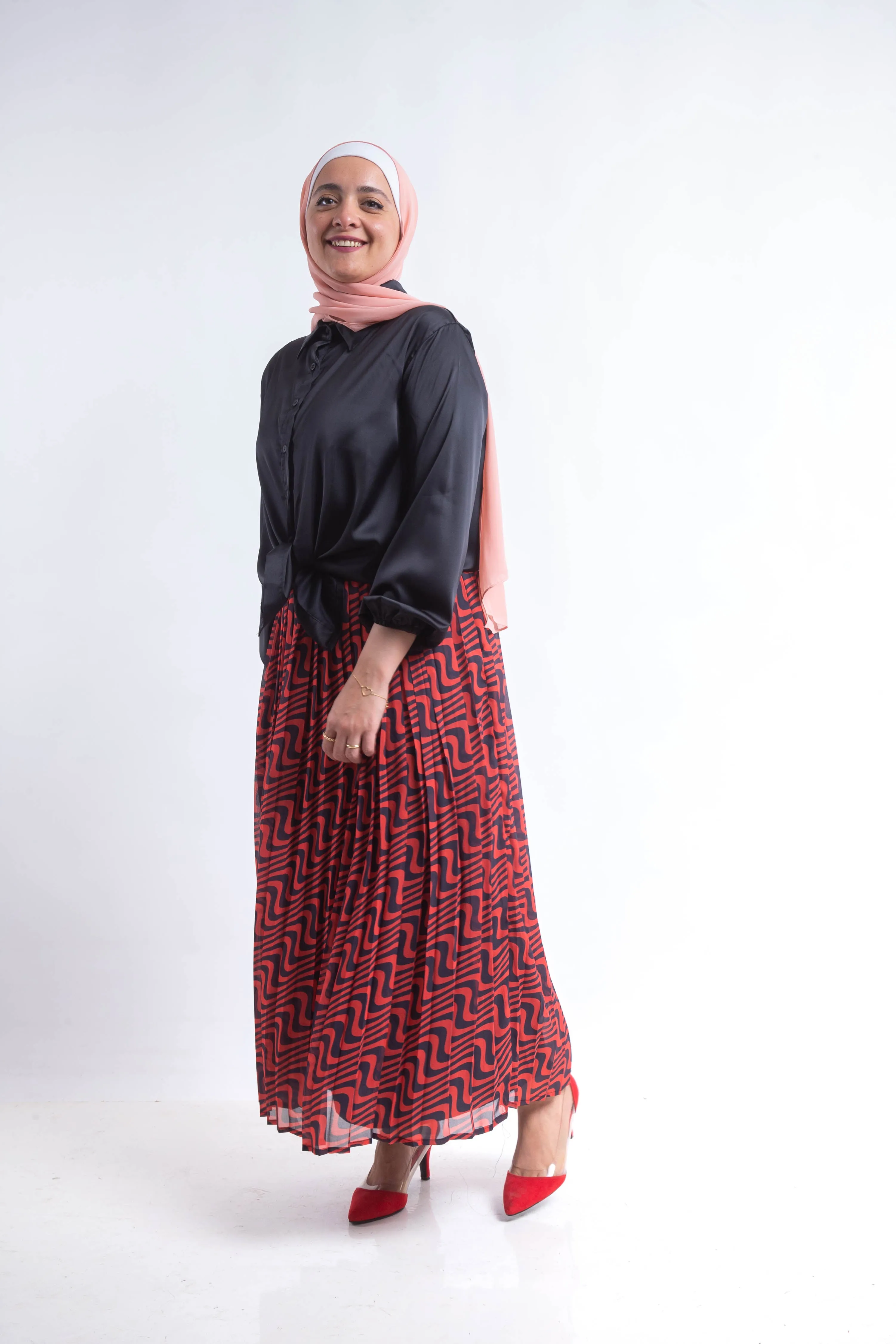 The swirl chiffon pleated Skirt - Red