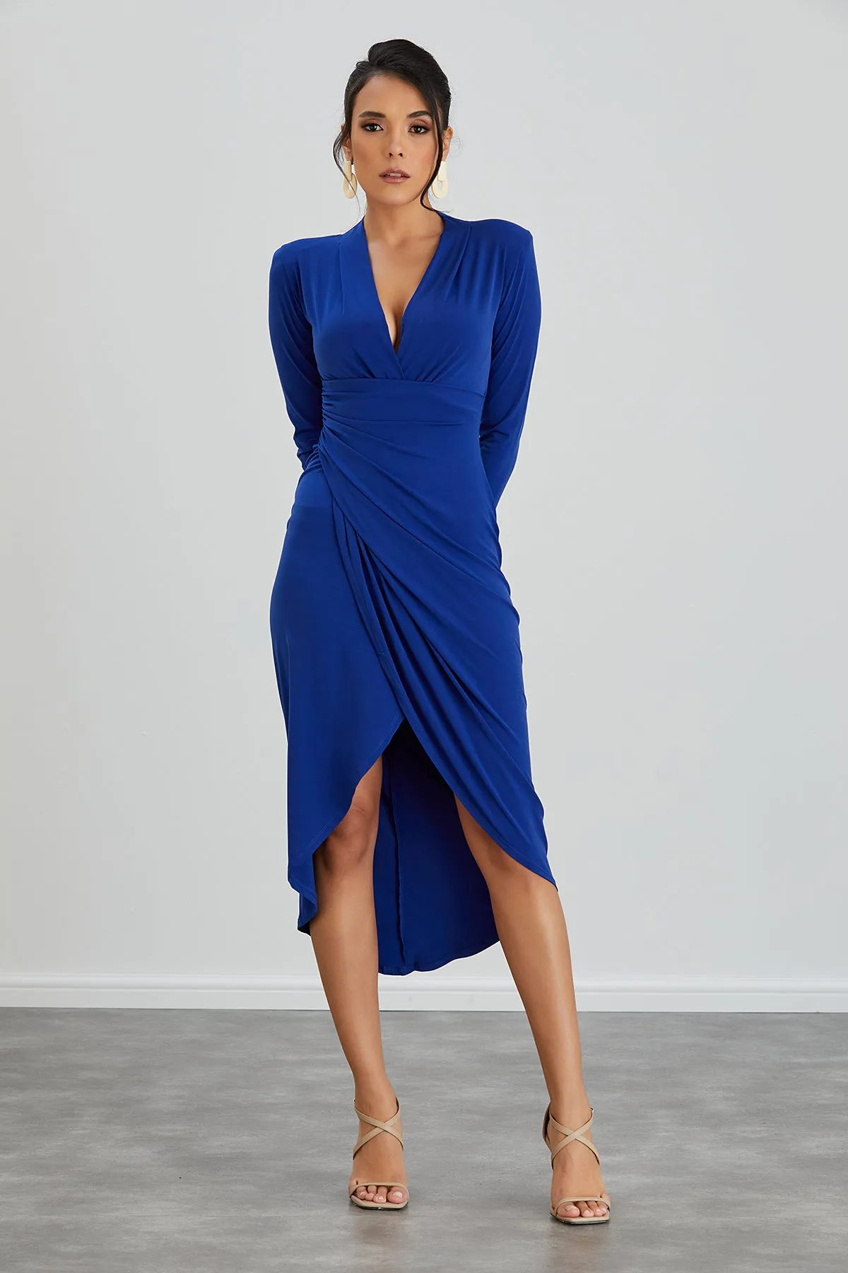 Timeless Wrap Midi Dress with Front Slit in Sax Blue