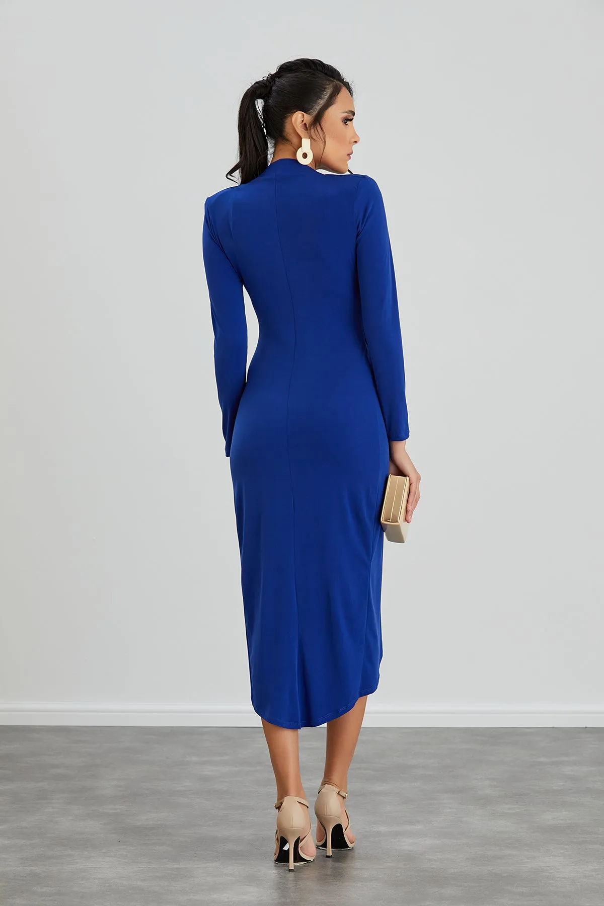 Timeless Wrap Midi Dress with Front Slit in Sax Blue