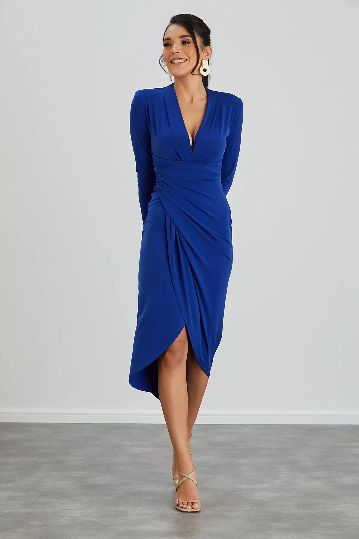 Timeless Wrap Midi Dress with Front Slit in Sax Blue