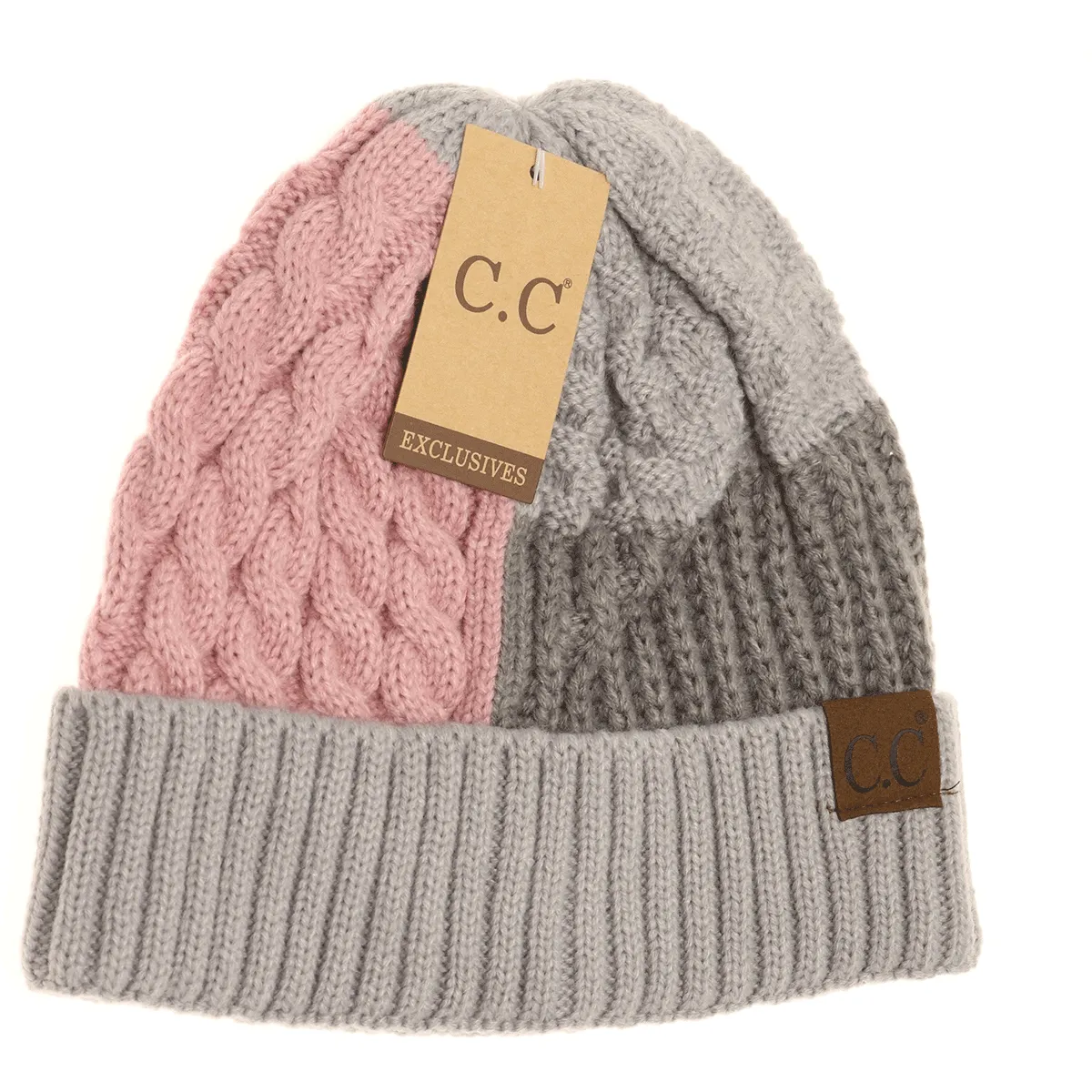 Tri-Color Cuff Beanie in Rose