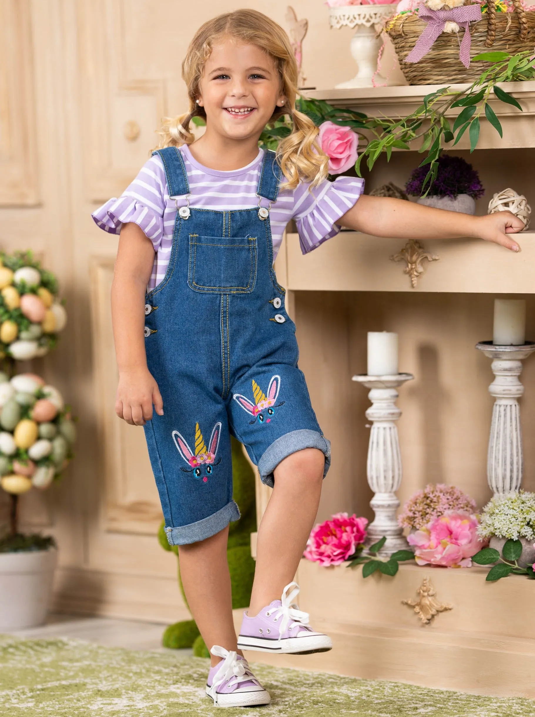 Unicorn Bunny Denim Overall Capris Set