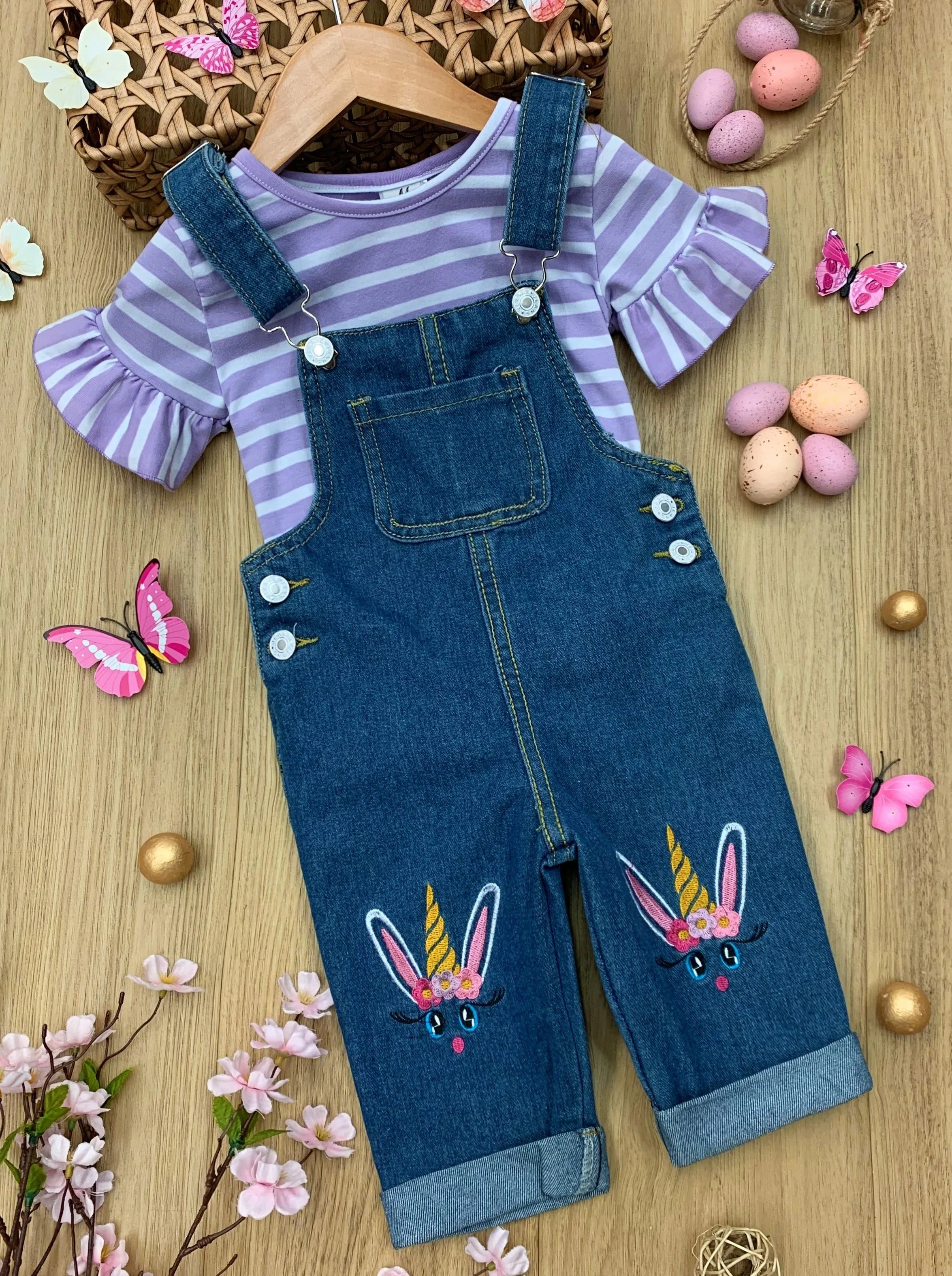 Unicorn Bunny Denim Overall Capris Set