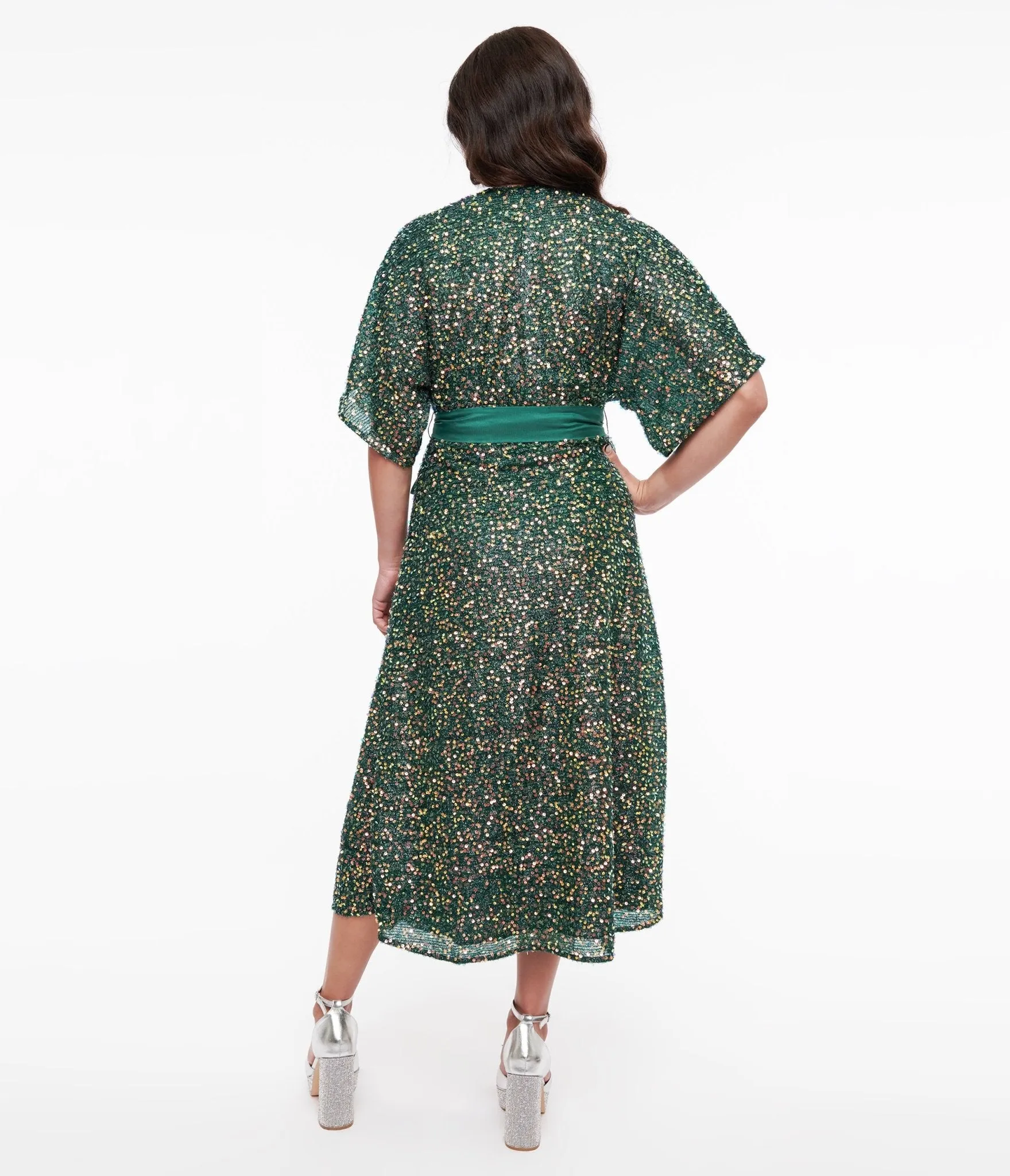 Unique Vintage 1960s Green Sequin Wrap Midi Dress