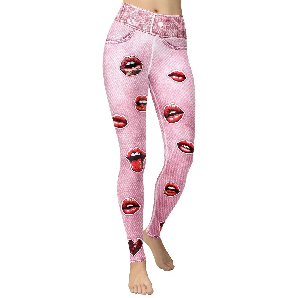 Valentine Lips Denim Print Yoga Leggings