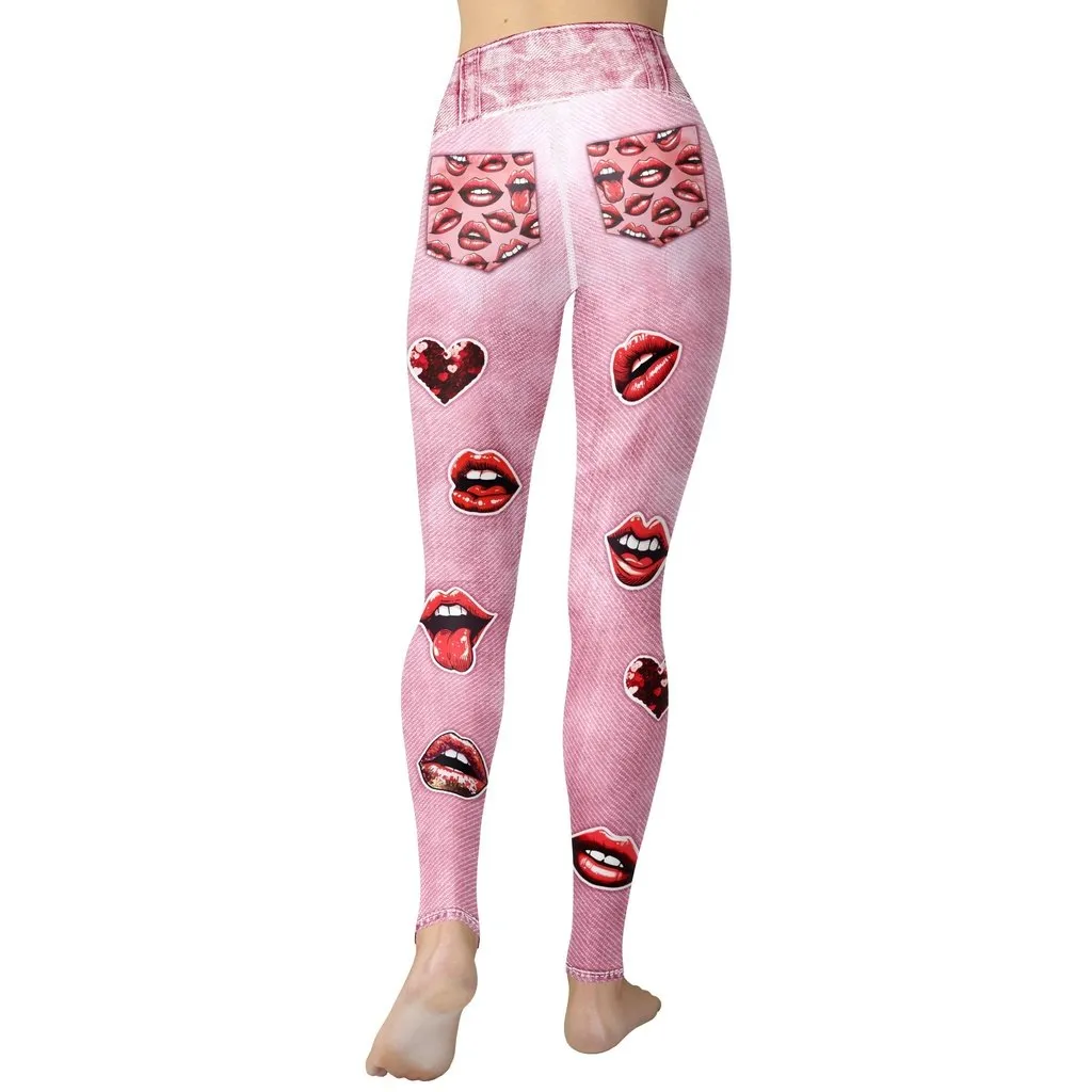 Valentine Lips Denim Print Yoga Leggings