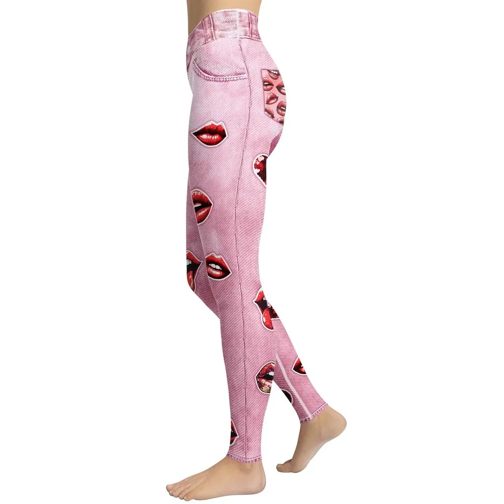 Valentine Lips Denim Print Yoga Leggings