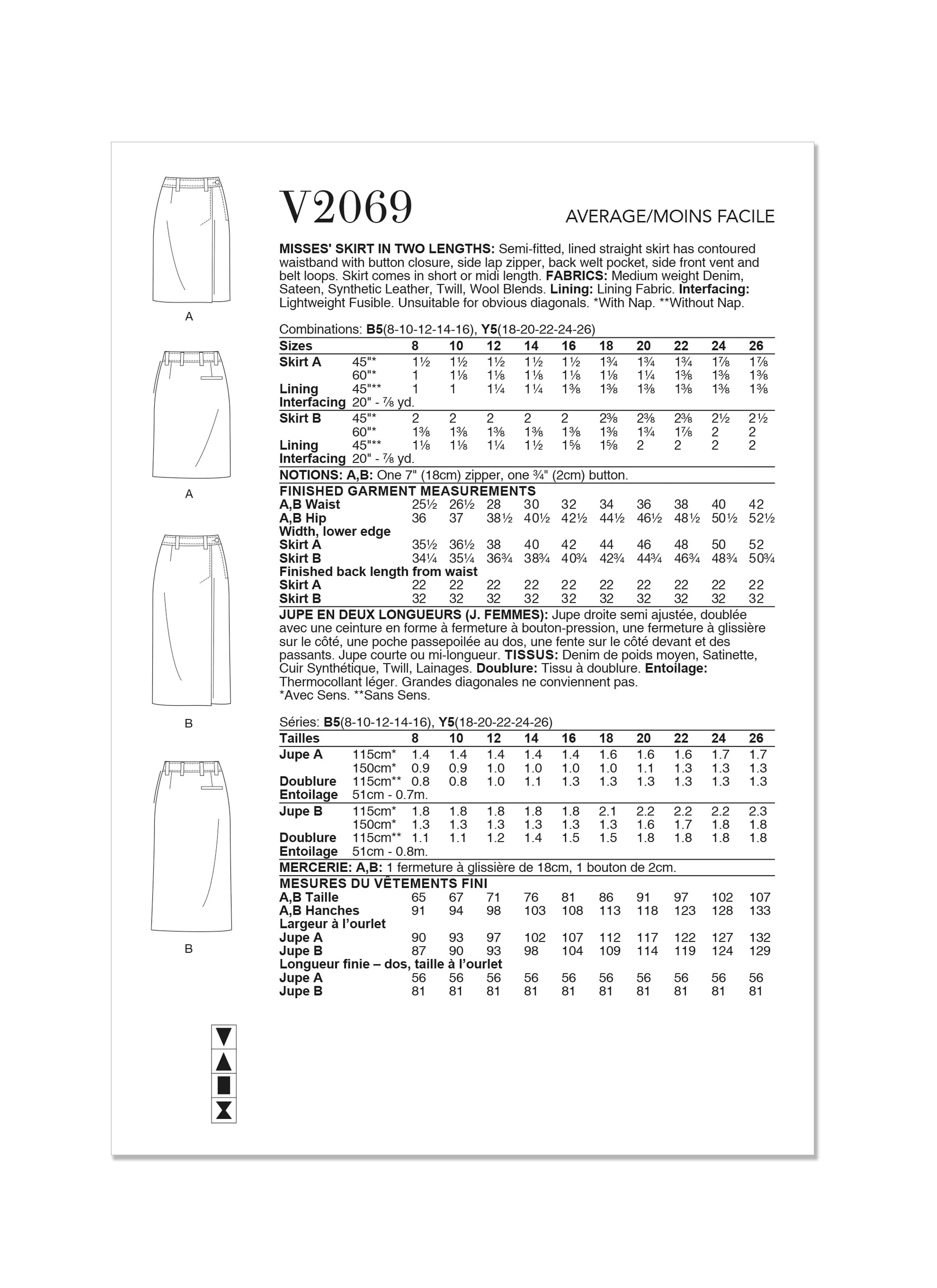 Vogue Sewing Pattern 2069 Misses' Skirt in Two Lengths