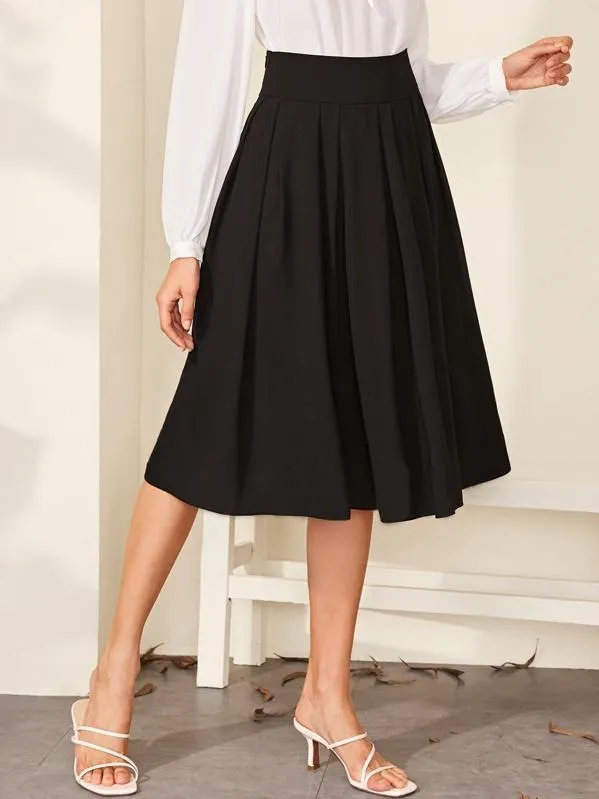 Wide Band Waist Pleated Solid Skirt