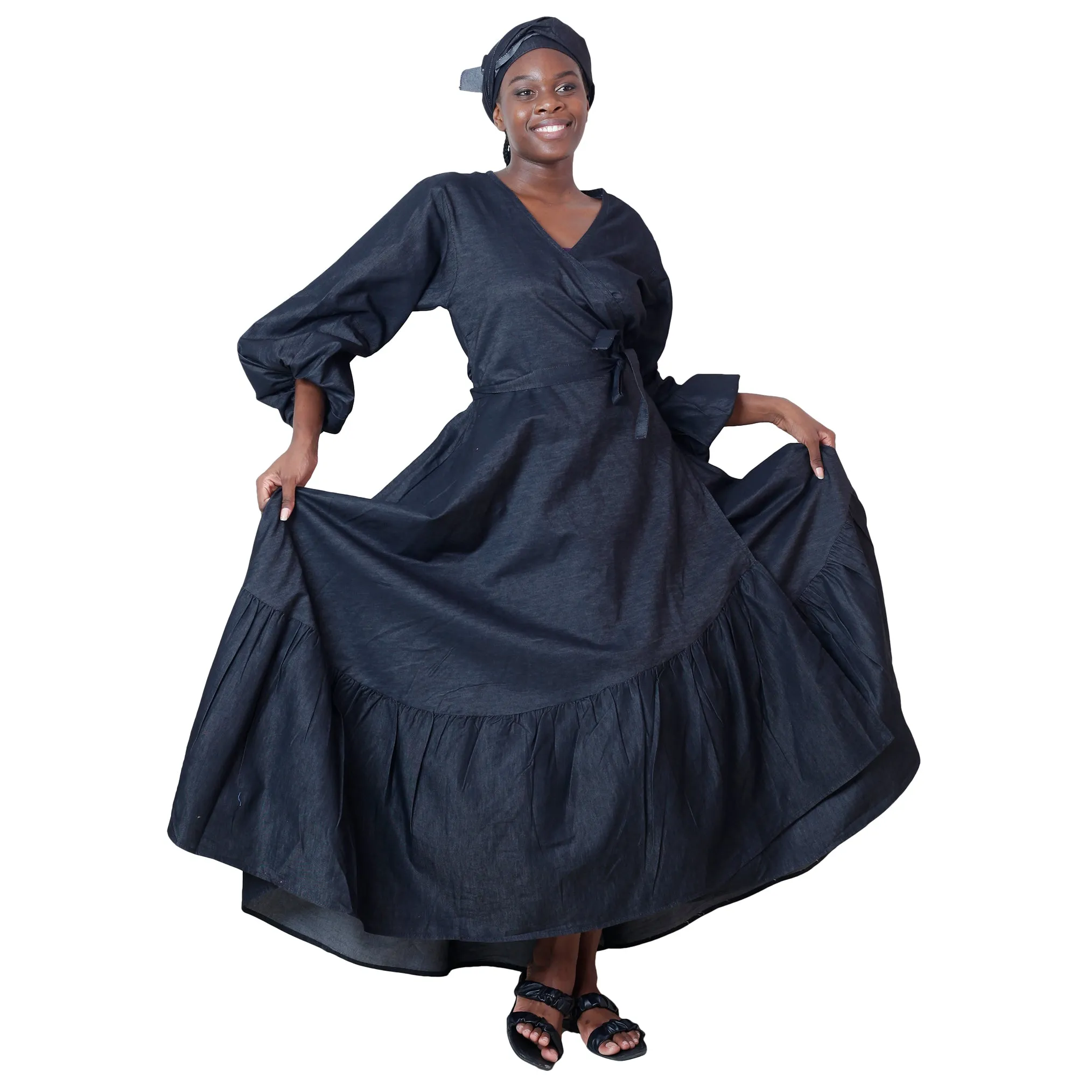 Women's Denim Long Sleeve Maxi Wrap Dress -- FI-6204D