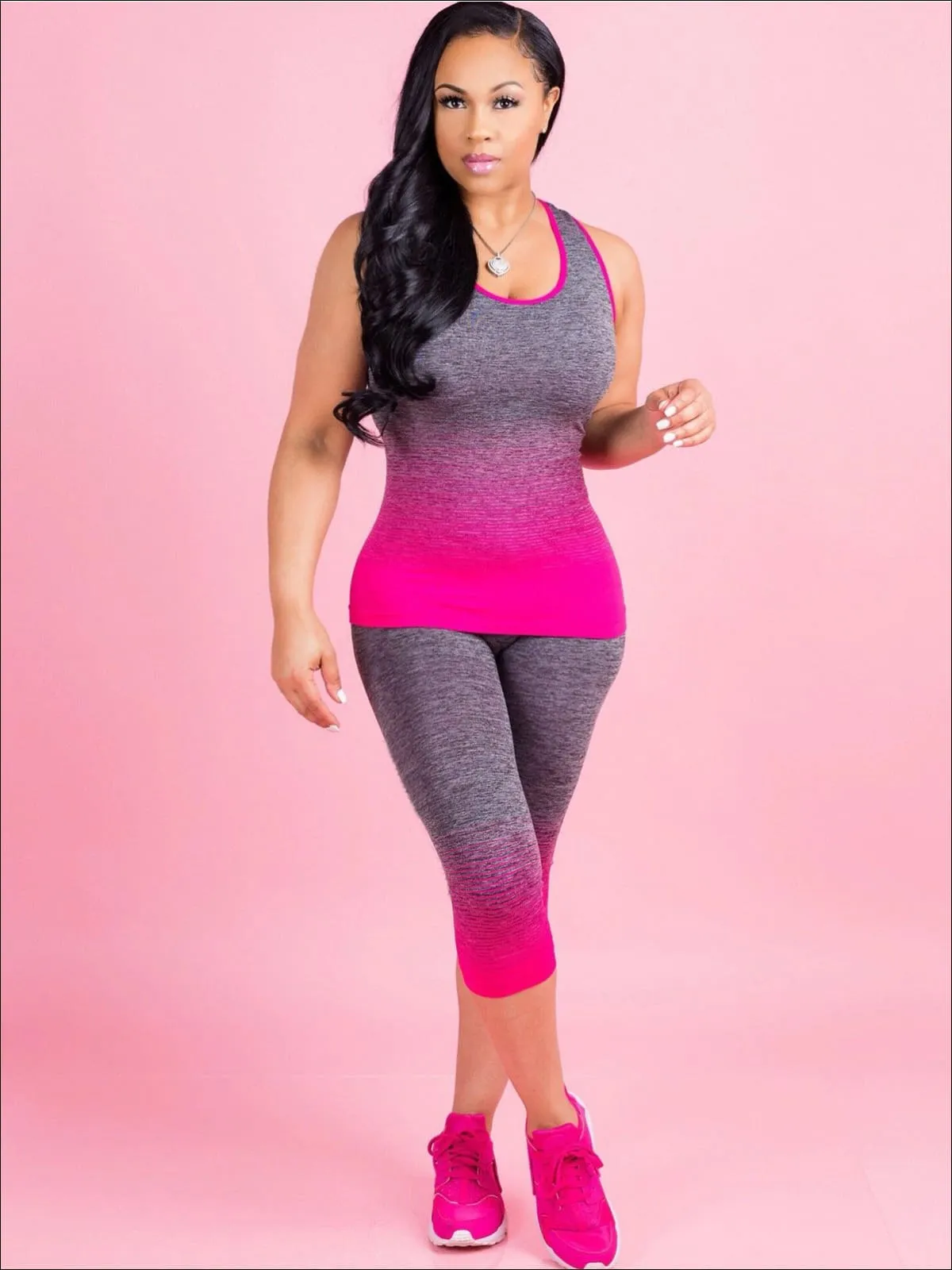 Women's Ombre Sleeveless Workout Top And Capri Legging Set