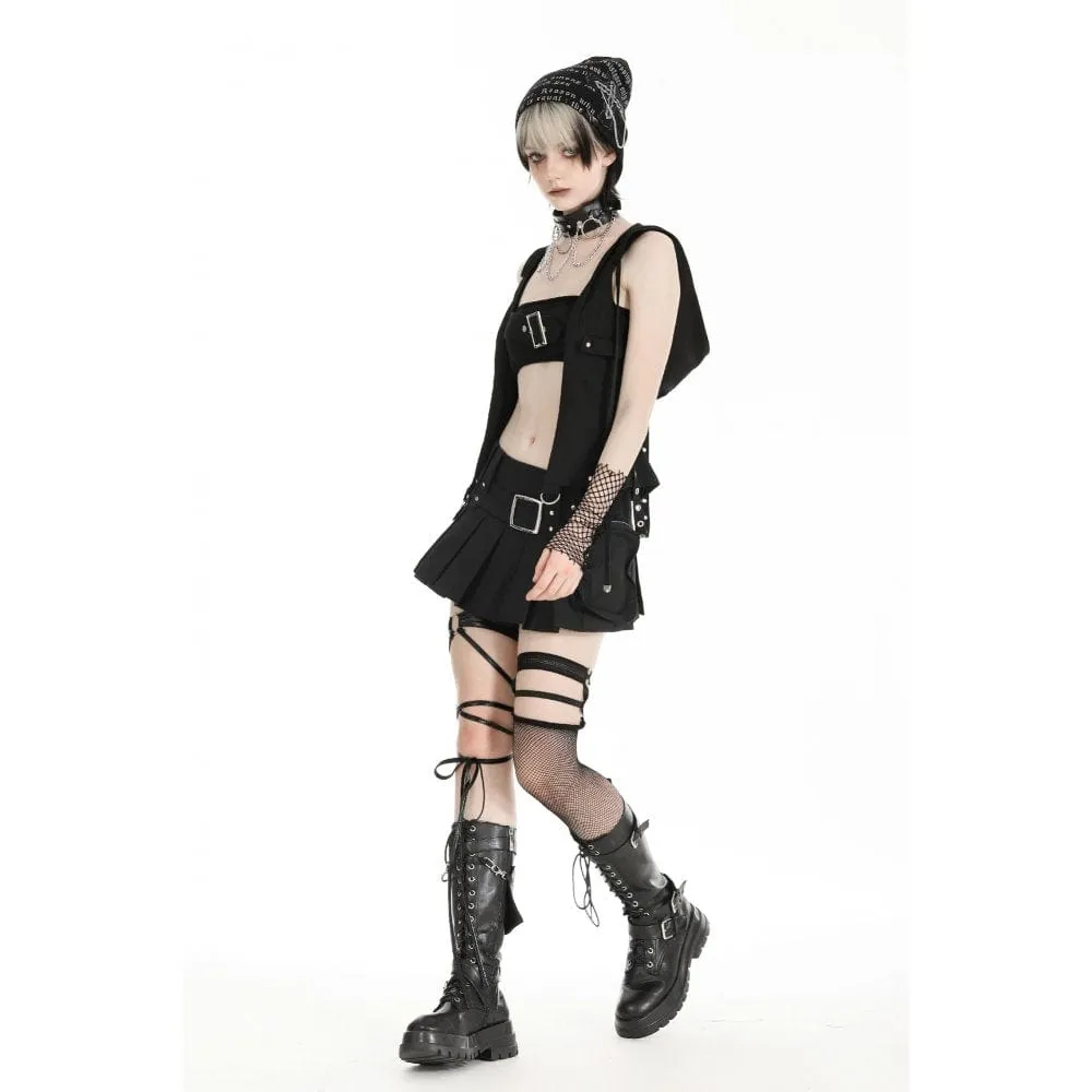 Women's Punk Buckle Strap Vest with Hood