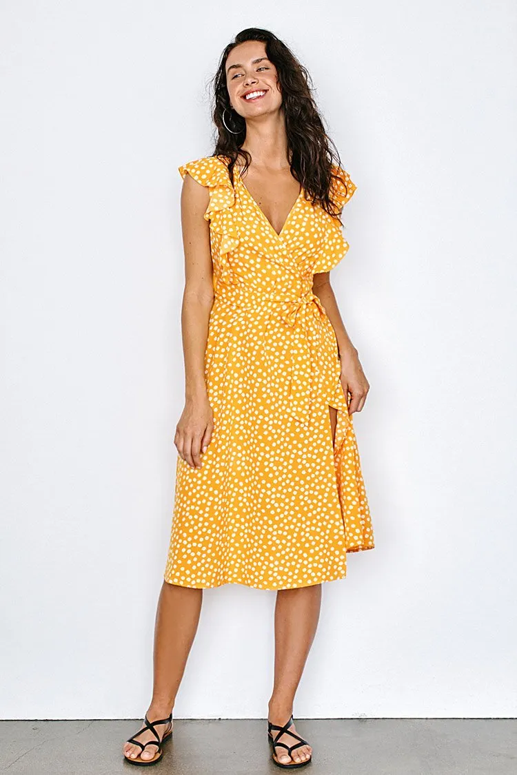 Yellow Polka Dot Ruffled Wrap Dress