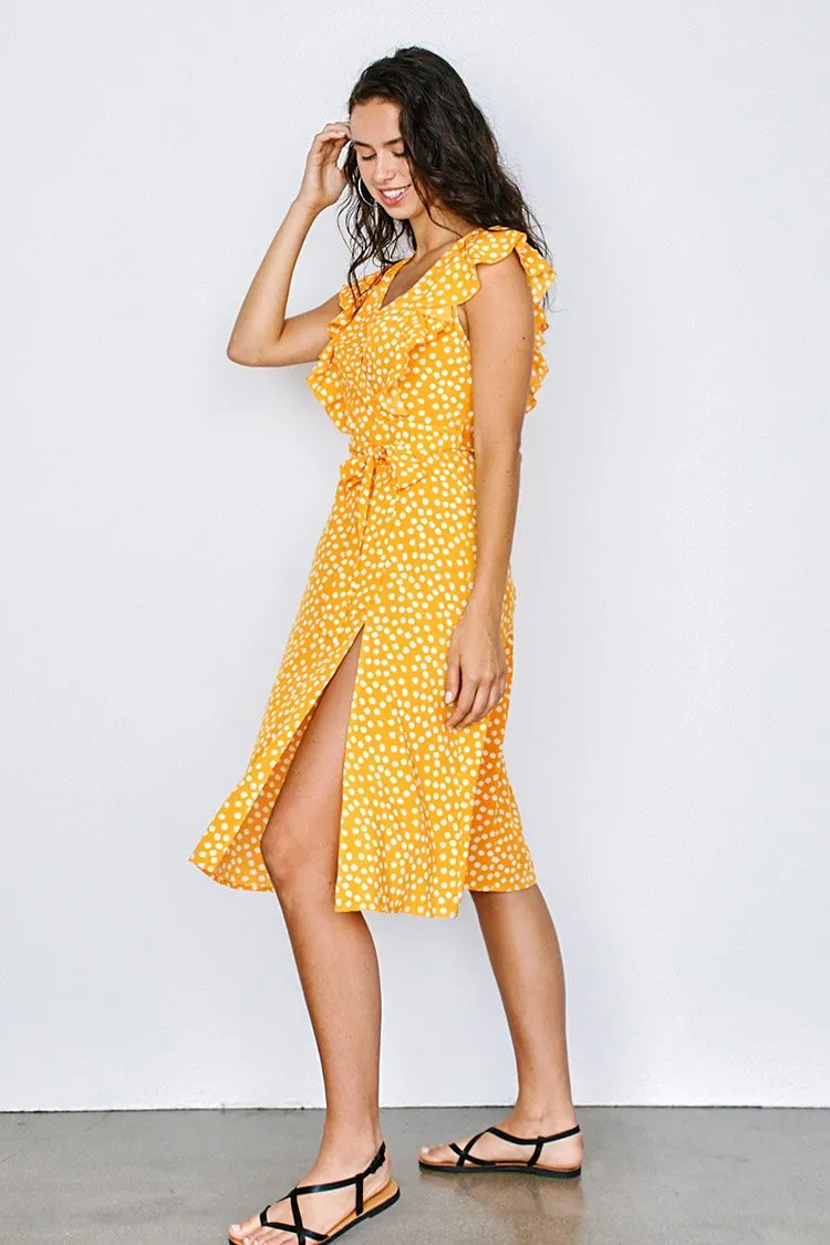 Yellow Polka Dot Ruffled Wrap Dress