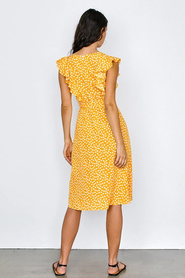 Yellow Polka Dot Ruffled Wrap Dress