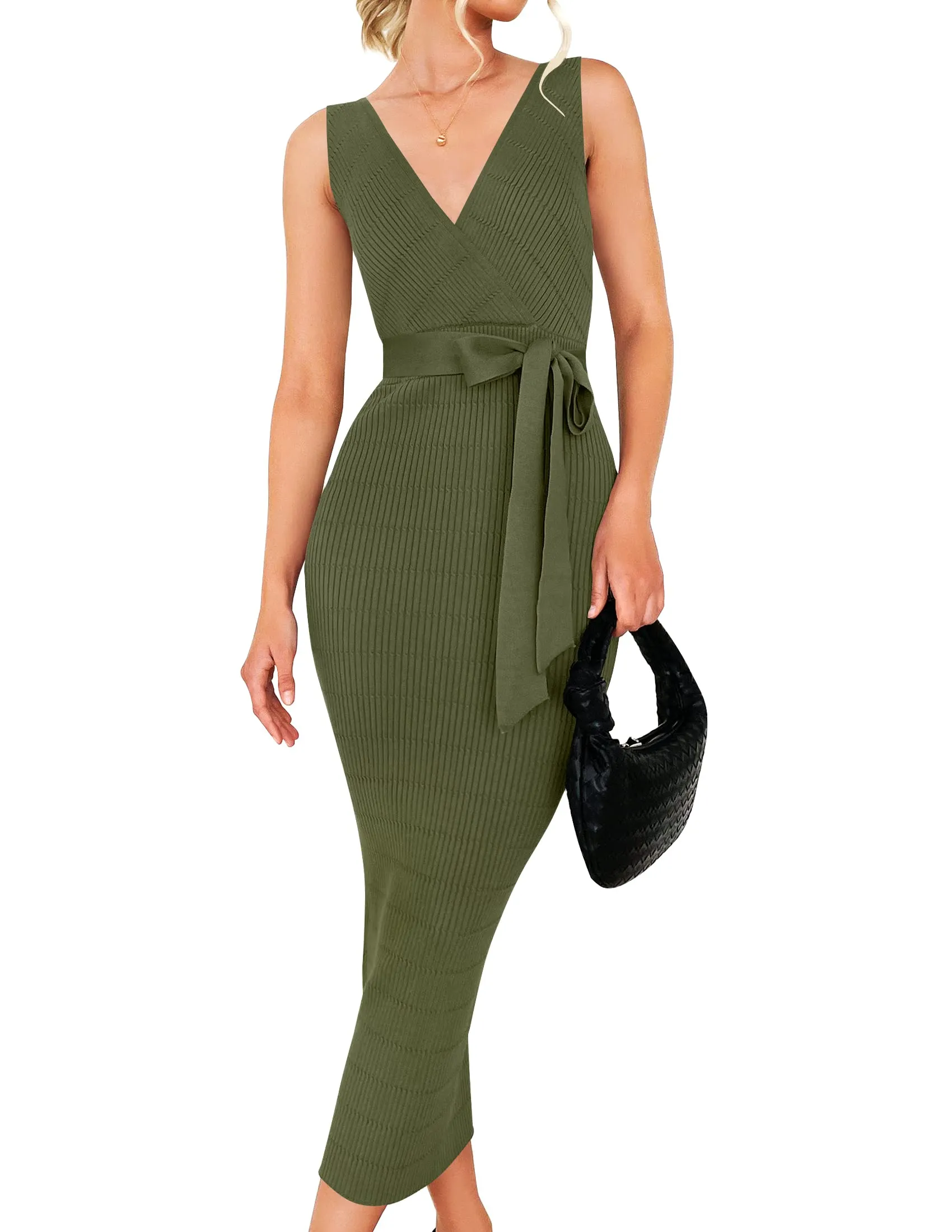 ZESICA Elegant Wrap V Neck Sleeveless Tie Waist Sweater Midi Dress